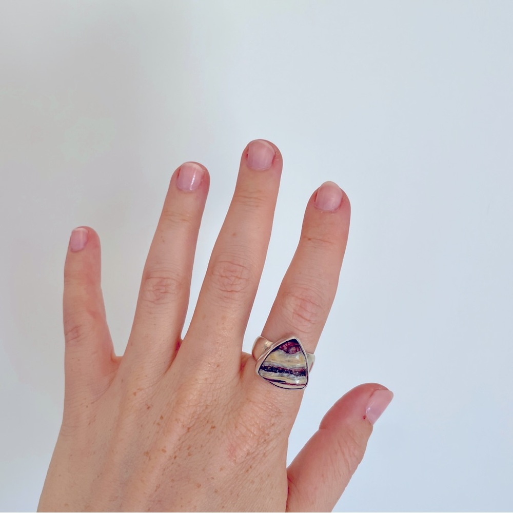 Triangular Alaskan Rainbow Jasper Ring, Set In St… - image 2